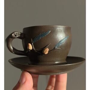 Set of 4 Chinese Yixing Zisha Clay Teacups & Saucers w/ Branch Motif, Signed